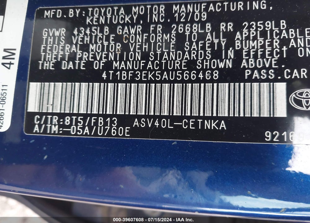 2010 TOYOTA CAMRY BASE (RETAIL ORDERS ONLY) (A5) VIN: 4T1BF3EK5AU566468