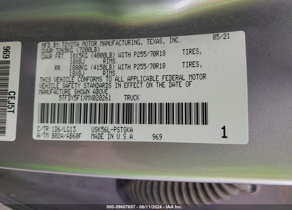 2021 TOYOTA TUNDRA SR5 VIN: 5TFDY5F1XMX020261