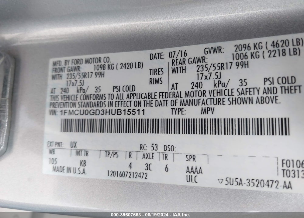 2017 FORD ESCAPE SE VIN: 1FMCU0GD3HUB15511