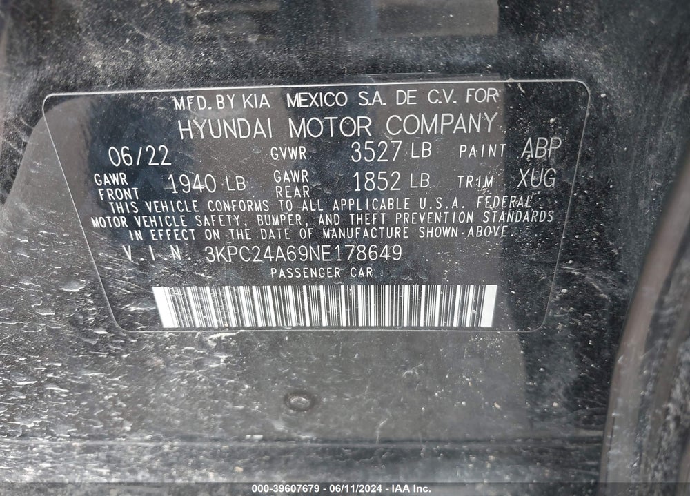 2022 HYUNDAI ACCENT SE VIN: 3KPC24A69NE178649