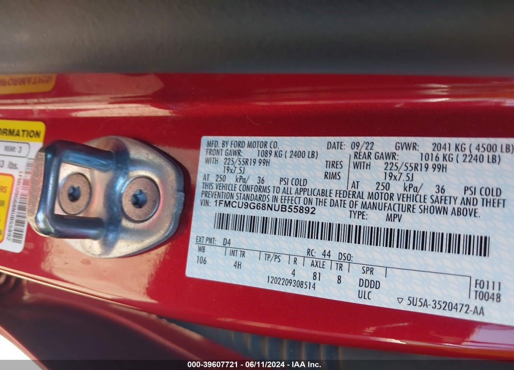 2022 FORD ESCAPE SE VIN: 1FMCU9G68NUB55892