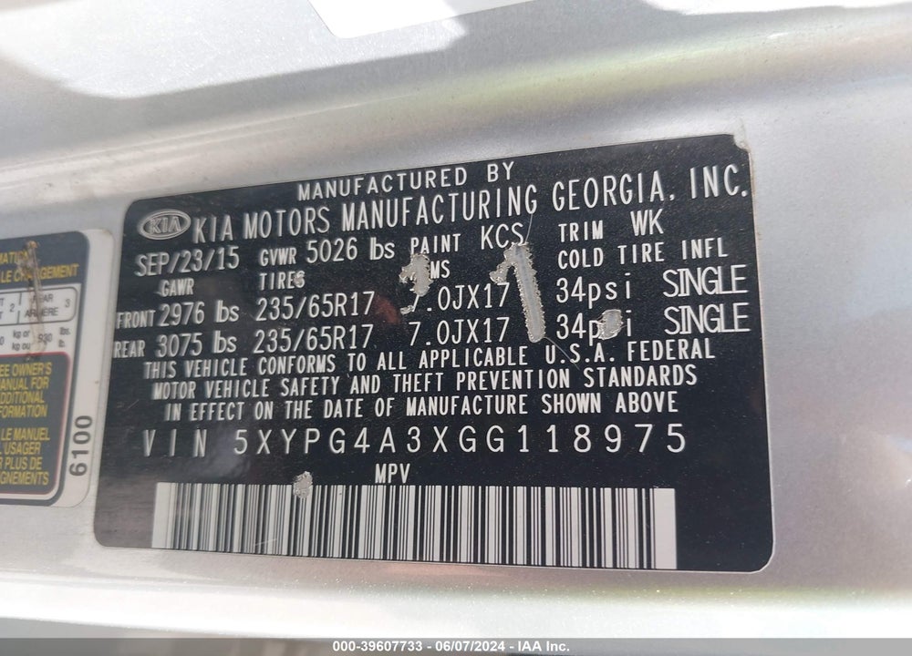 2016 KIA SORENTO 2.4L L VIN: 5XYPG4A3XGG118975