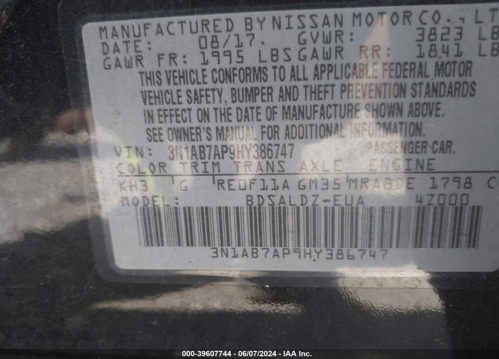 2017 NISSAN SENTRA SV VIN: 3N1AB7AP9HY386747