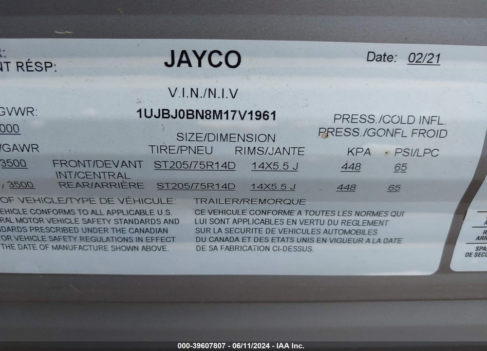 2021 JAYCO BUMPER PULL TRAVEL TRAILER VIN: 1UJBJ0BN8M17V1961