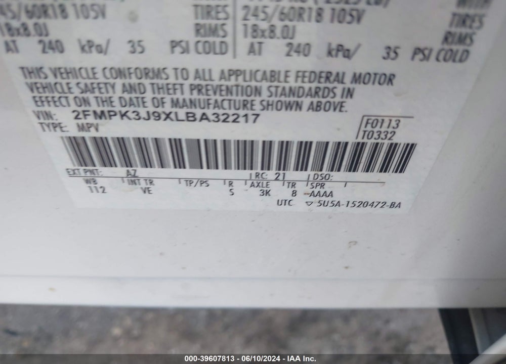 2020 FORD EDGE SEL VIN: 2FMPK3J9XLBA32217