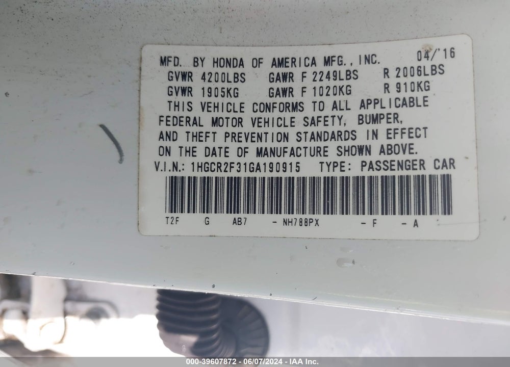 2016 HONDA ACCORD LX VIN: 1HGCR2F31GA190915