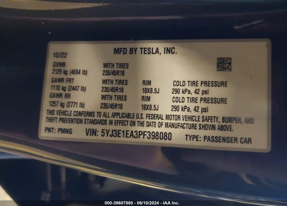2023 TESLA MODEL 3 REAR-WHEEL DRIVE VIN: 5YJ3E1EA3PF398080