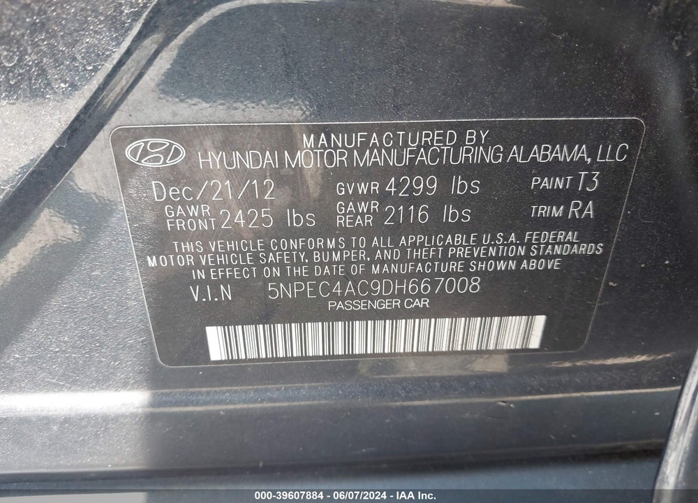 2013 HYUNDAI SONATA LIMITED VIN: 5NPEC4AC9DH667008