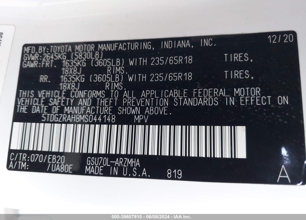 2021 TOYOTA HIGHLANDER XLE VIN: 5TDGZRAH8MS044148