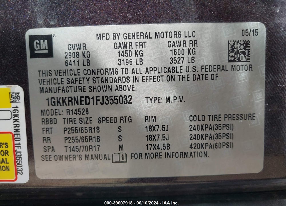 2015 GMC ACADIA SLE-1 VIN: 1GKKRNED1FJ355032