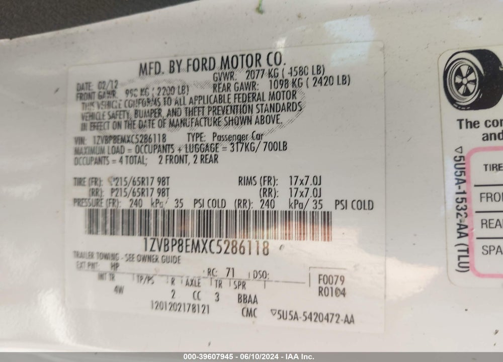 2012 FORD MUSTANG V6 PREMIUM VIN: 1ZVBP8EMXC5286118