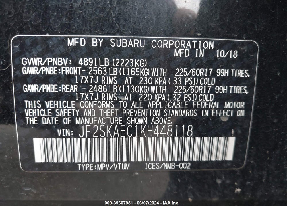 2019 SUBARU FORESTER PREMIUM VIN: JF2SKAEC1KH448118