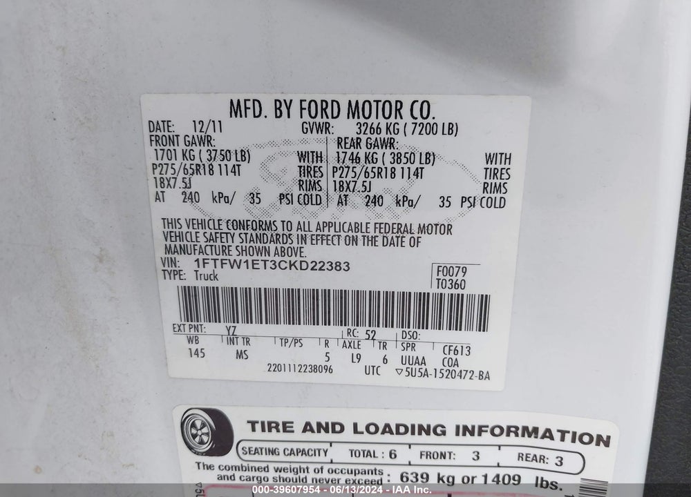 2012 FORD F-150 XLT VIN: 1FTFW1ET3CKD22383
