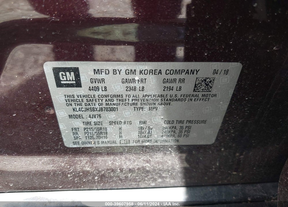 2018 BUICK ENCORE PREMIUM VIN: KL4CJHSBXJB703001