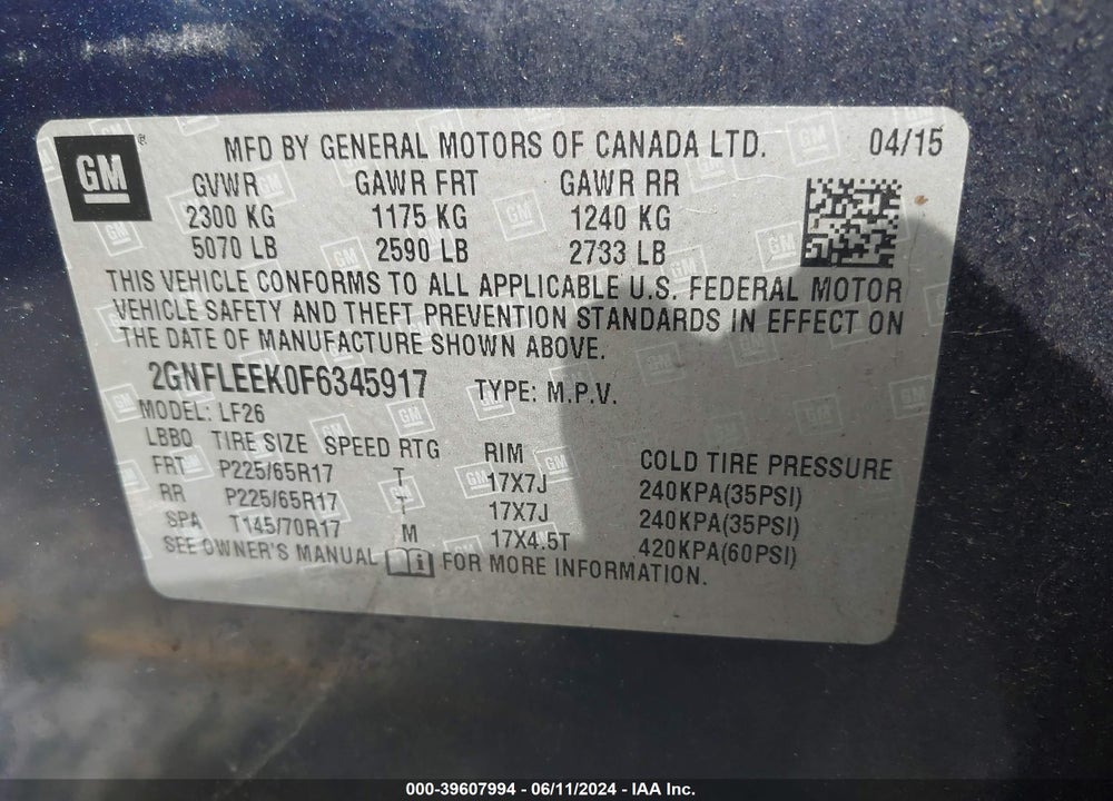 2015 CHEVROLET EQUINOX LS VIN: 2GNFLEEK0F6345917