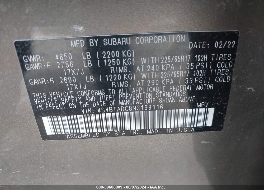 2022 SUBARU OUTBACK PREMIUM VIN: 4S4BTADC8N3199116