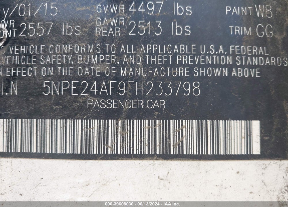 2015 HYUNDAI SONATA SE VIN: 5NPE24AF9FH233798