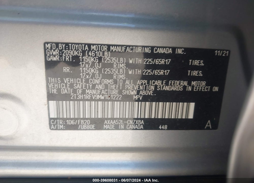 2021 TOYOTA RAV4 LE VIN: 2T3H1RFV9MW181222