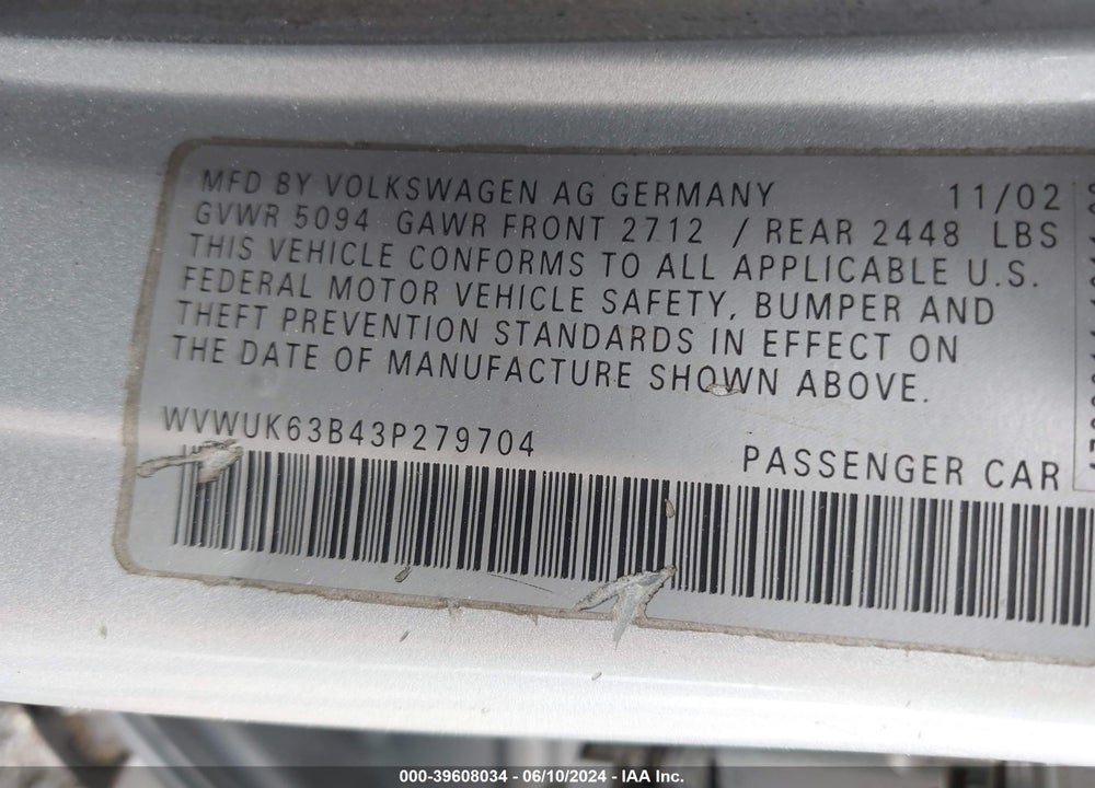 2003 VOLKSWAGEN PASSAT W8 VIN: WVWUK63B43P279704