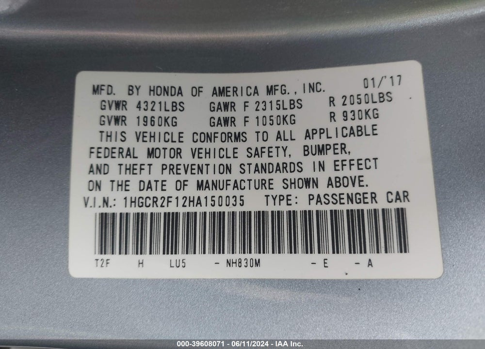 2017 HONDA ACCORD SPORT SE VIN: 1HGCR2F12HA150035