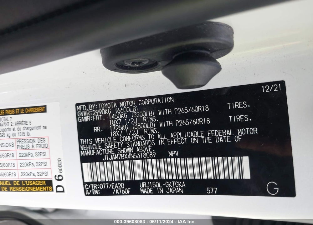 2022 LEXUS 460 PREMIUM VIN: JTJAM7BX4N5318089