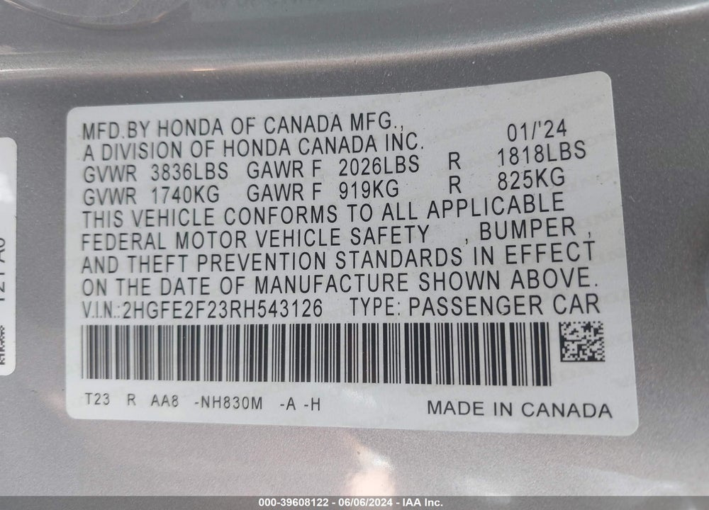 2024 HONDA CIVIC LX VIN: 2HGFE2F23RH543126
