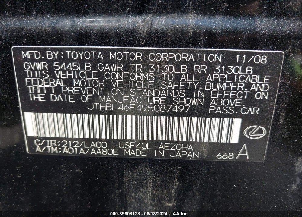 2009 LEXUS LS 460 VIN: JTHBL46F495087497