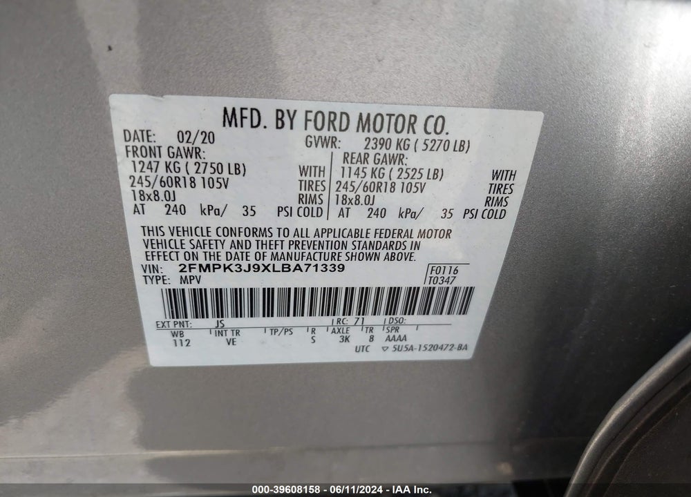 2020 FORD EDGE SEL VIN: 2FMPK3J9XLBA71339