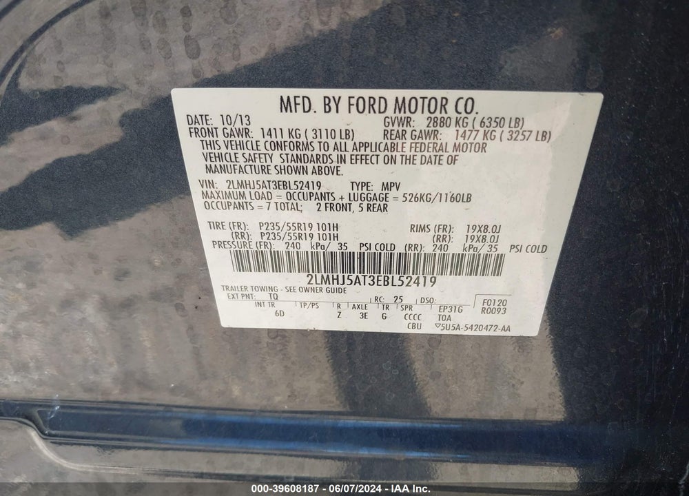 2014 LINCOLN MKT ECOBOOST VIN: 2LMHJ5AT3EBL52419