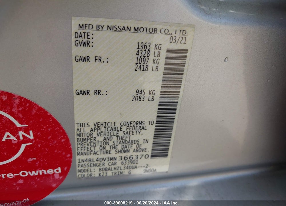 2021 NISSAN ALTIMA SV FWD VIN: 1N4BL4DV3MN366370
