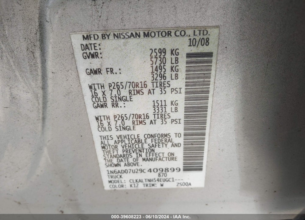 2009 NISSAN FRONTIER SE VIN: 1N6AD07U29C409899