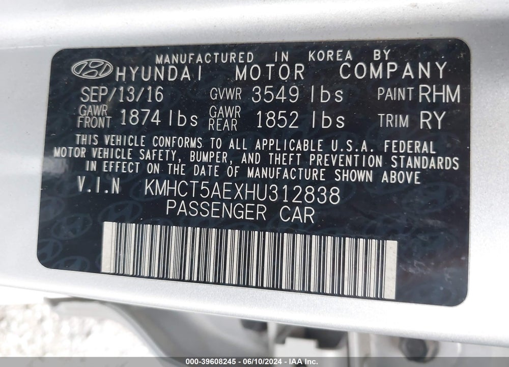 2017 HYUNDAI ACCENT SE VIN: KMHCT5AEXHU312838