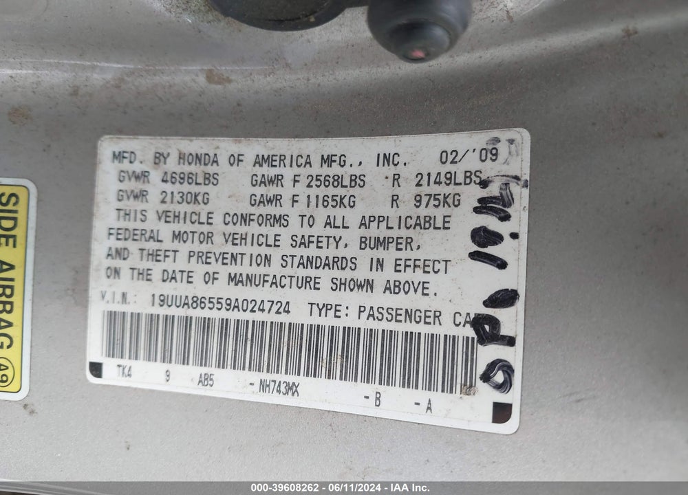 2009 ACURA TL 3.5 VIN: 19UUA86559A024724