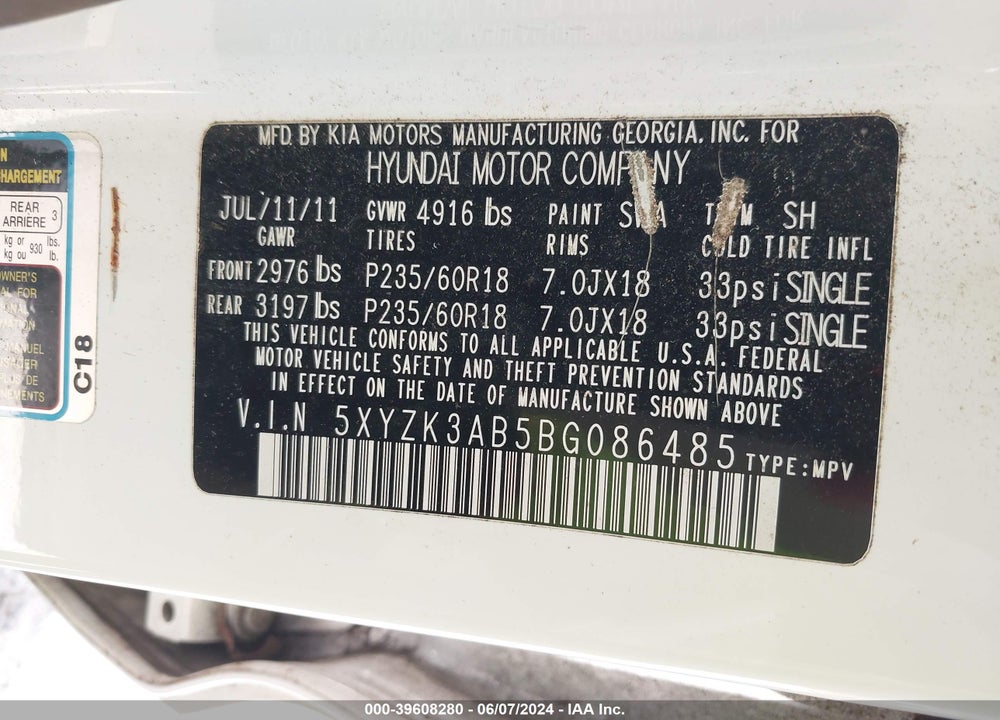 2011 HYUNDAI SANTA FE LIMITED VIN: 5XYZK3AB5BG086485