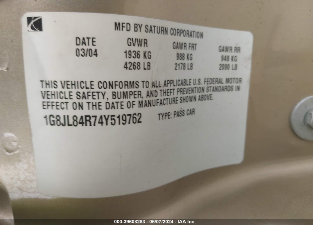 2004 SATURN L300 3 VIN: 1G8JL84R74Y519762