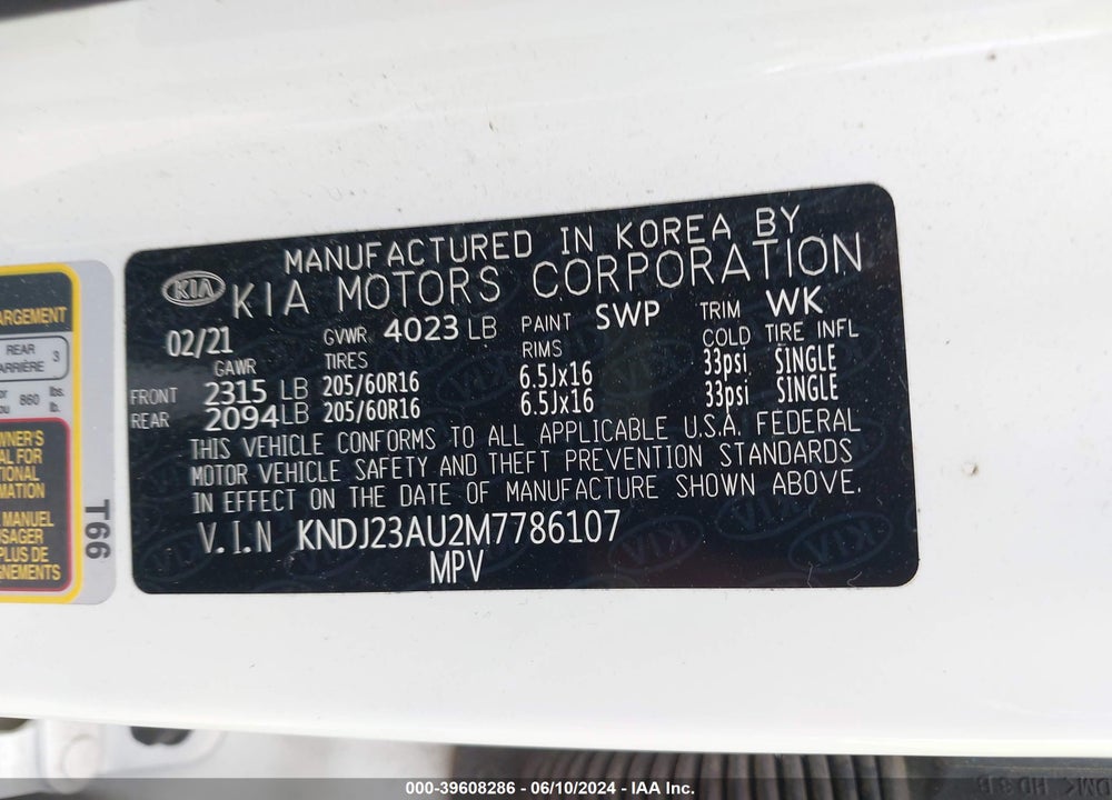 2021 KIA SOUL LX VIN: KNDJ23AU2M7786107