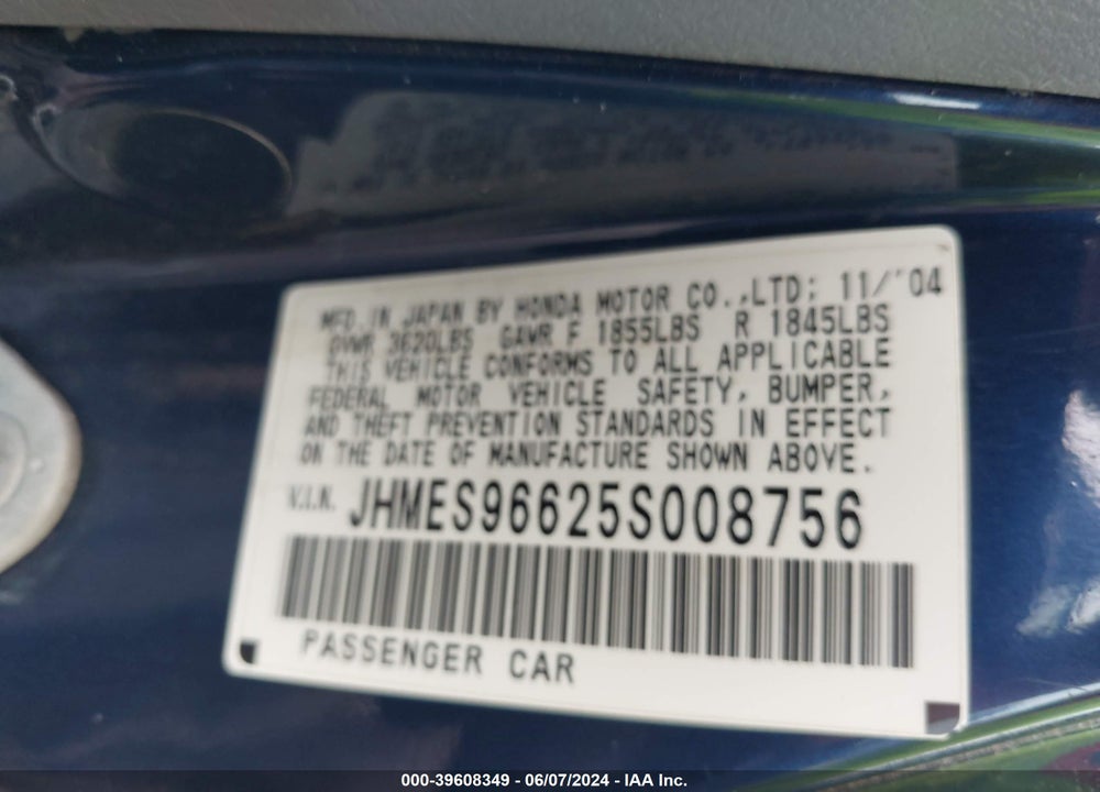 2005 HONDA CIVIC HYBRID VIN: JHMES96625S008756