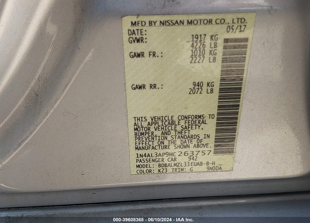 2017 NISSAN ALTIMA 2.5 SV VIN: 1N4AL3AP9HC263757
