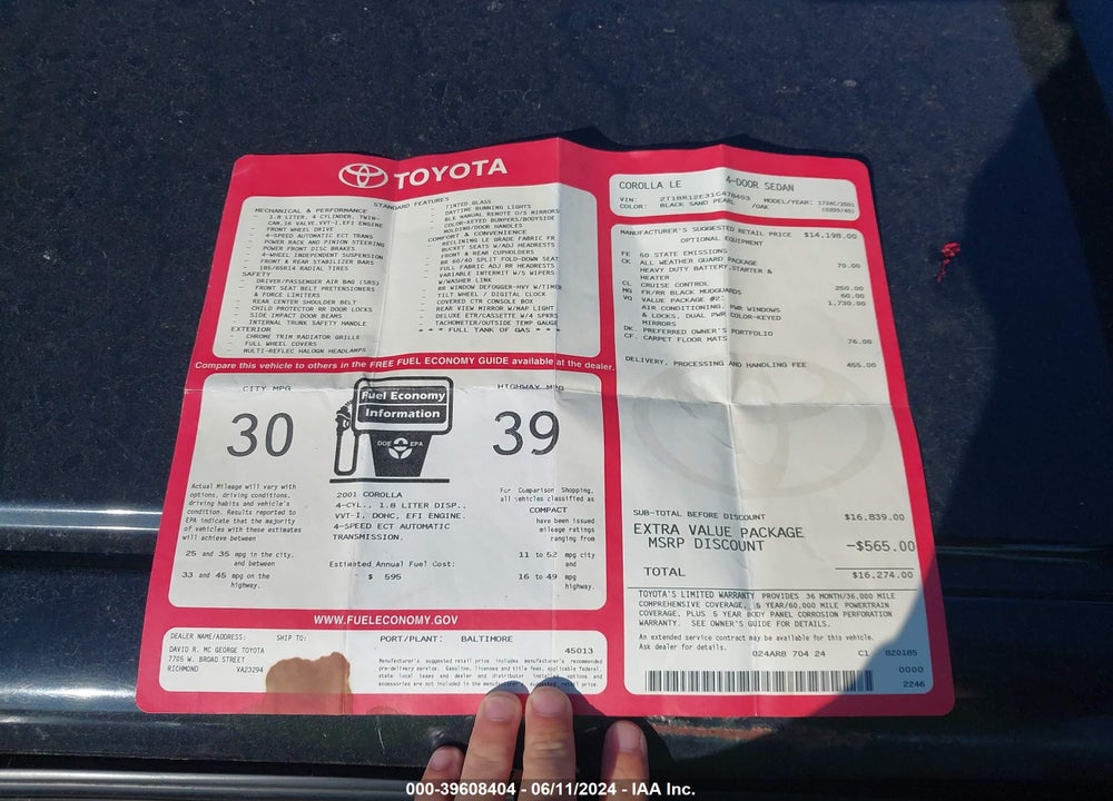 2001 TOYOTA COROLLA LE VIN: 2T1BR12E31C478403