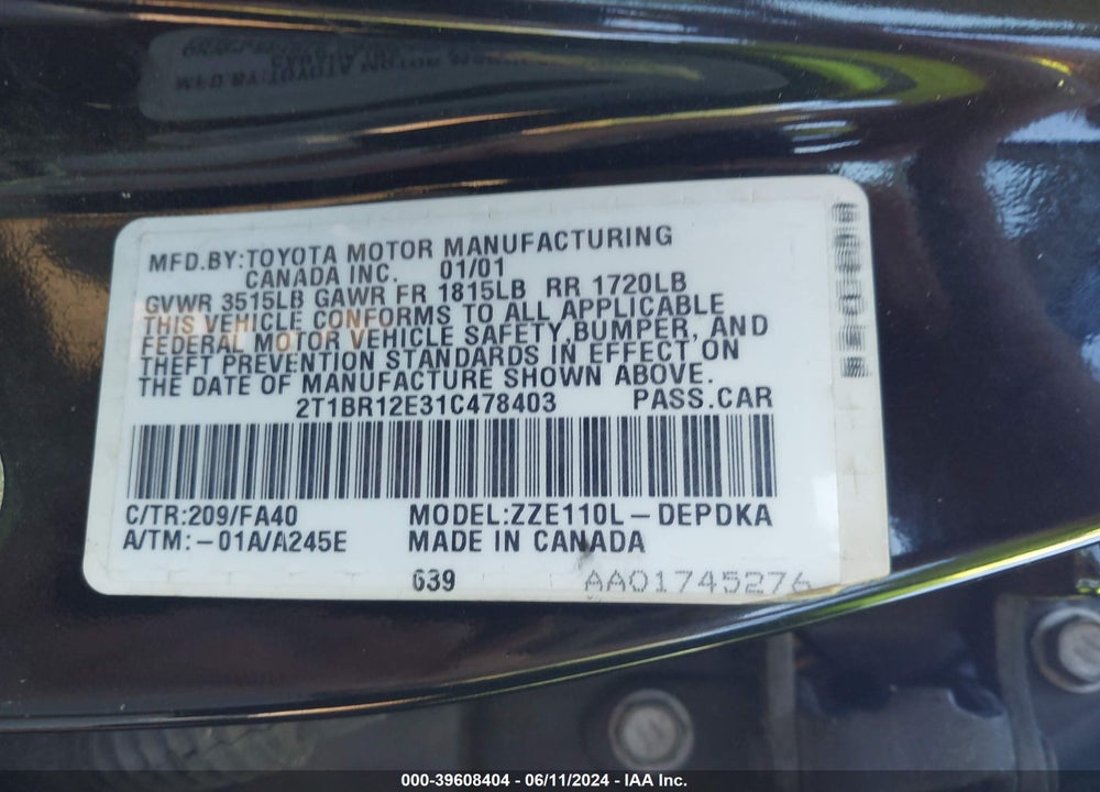 2001 TOYOTA COROLLA LE VIN: 2T1BR12E31C478403
