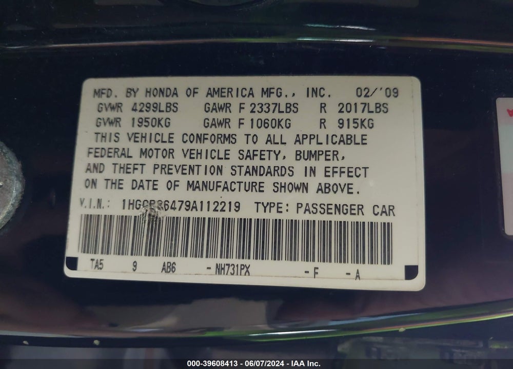 2009 HONDA ACCORD 2.4 LX-P VIN: 1HGCP26479A112219