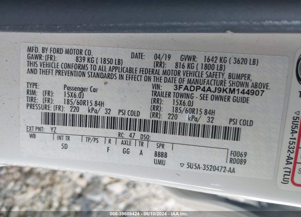 2019 FORD FIESTA S VIN: 3FADP4AJ9KM144907