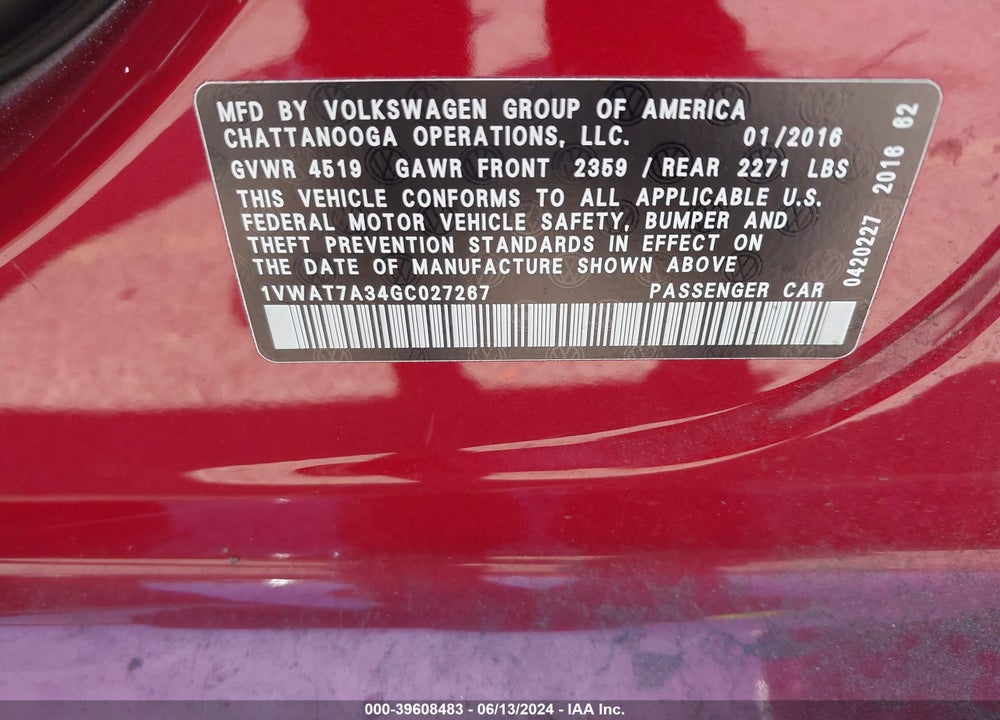 2016 VOLKSWAGEN PASSAT 1.8T S VIN: 1VWAT7A34GC027267