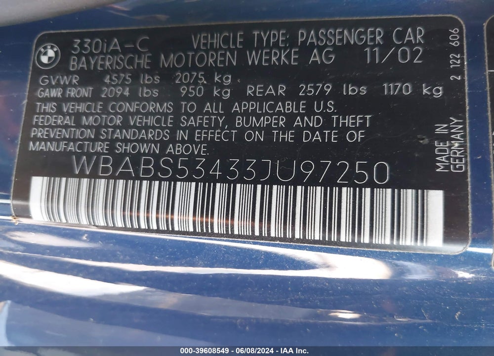2003 BMW 330CI VIN: WBABS53433JU97250