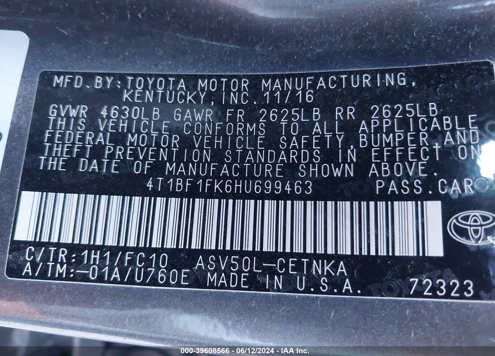 2017 TOYOTA CAMRY LE VIN: 4T1BF1FK6HU699463