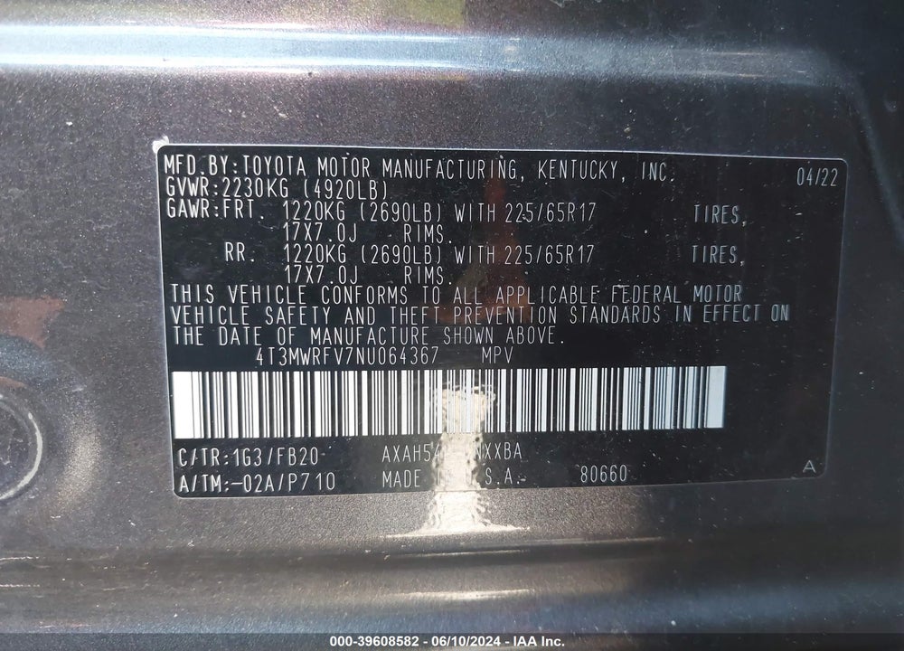 2022 TOYOTA RAV4 LE HYBRID VIN: 4T3MWRFV7NU064367