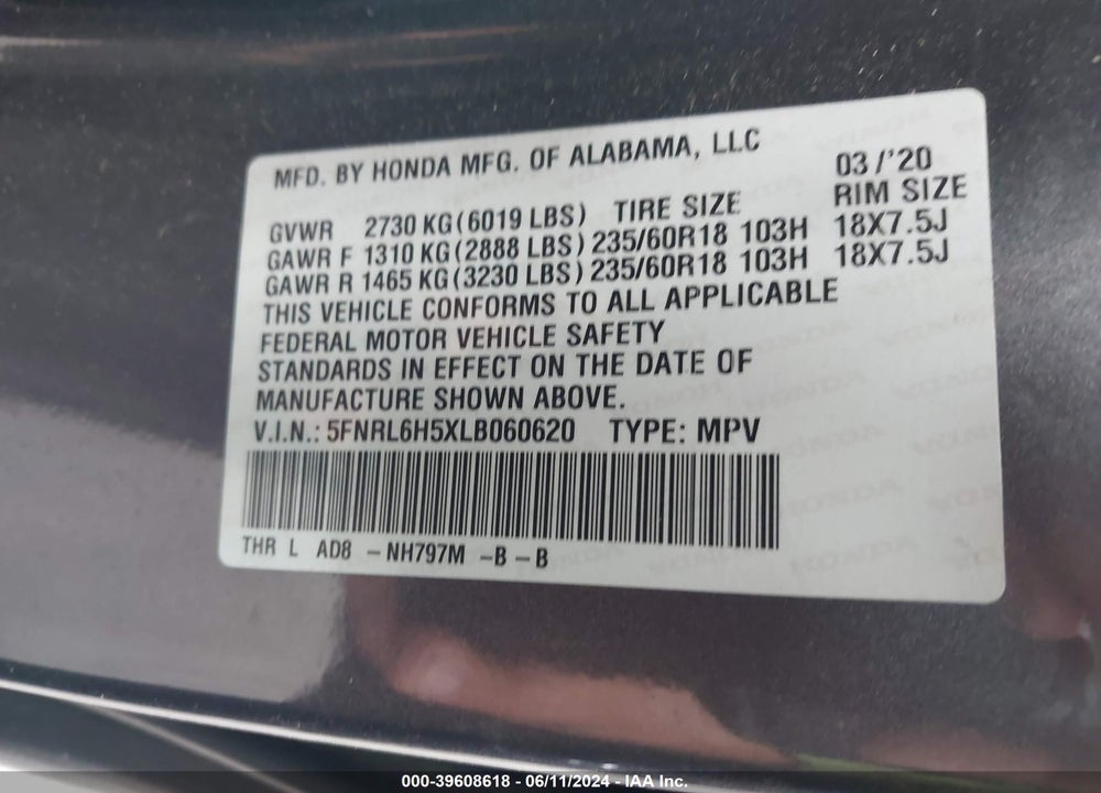 2020 HONDA ODYSSEY EX VIN: 5FNRL6H5XLB060620