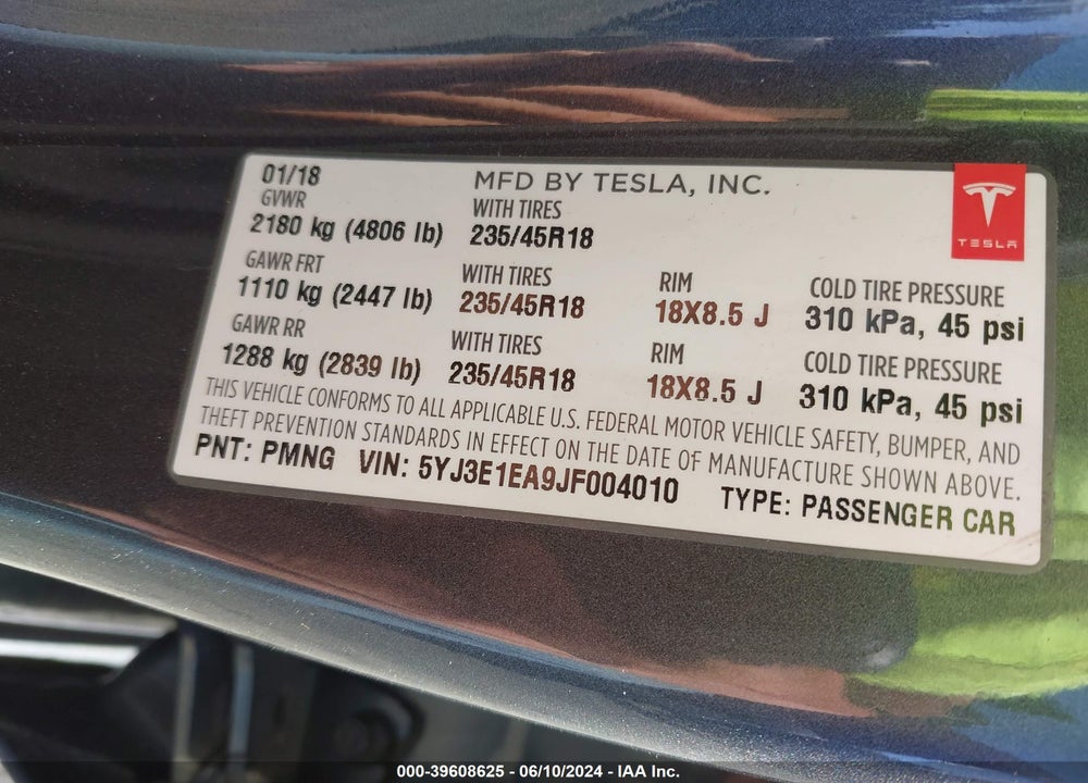 2018 TESLA MODEL 3 LONG RANGE/MID RANGE VIN: 5YJ3E1EA9JF004010