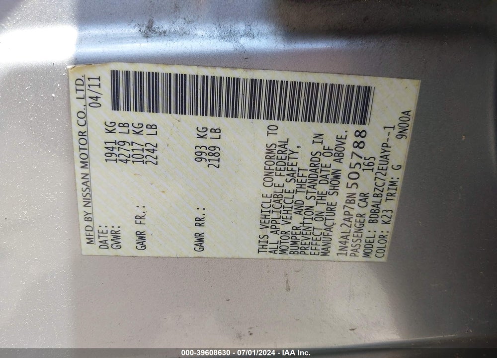 2011 NISSAN ALTIMA VIN: 1N4AL2AP7BN505788