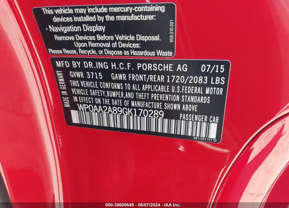 2016 PORSCHE CAYMAN VIN: WP0AA2A89GK170289